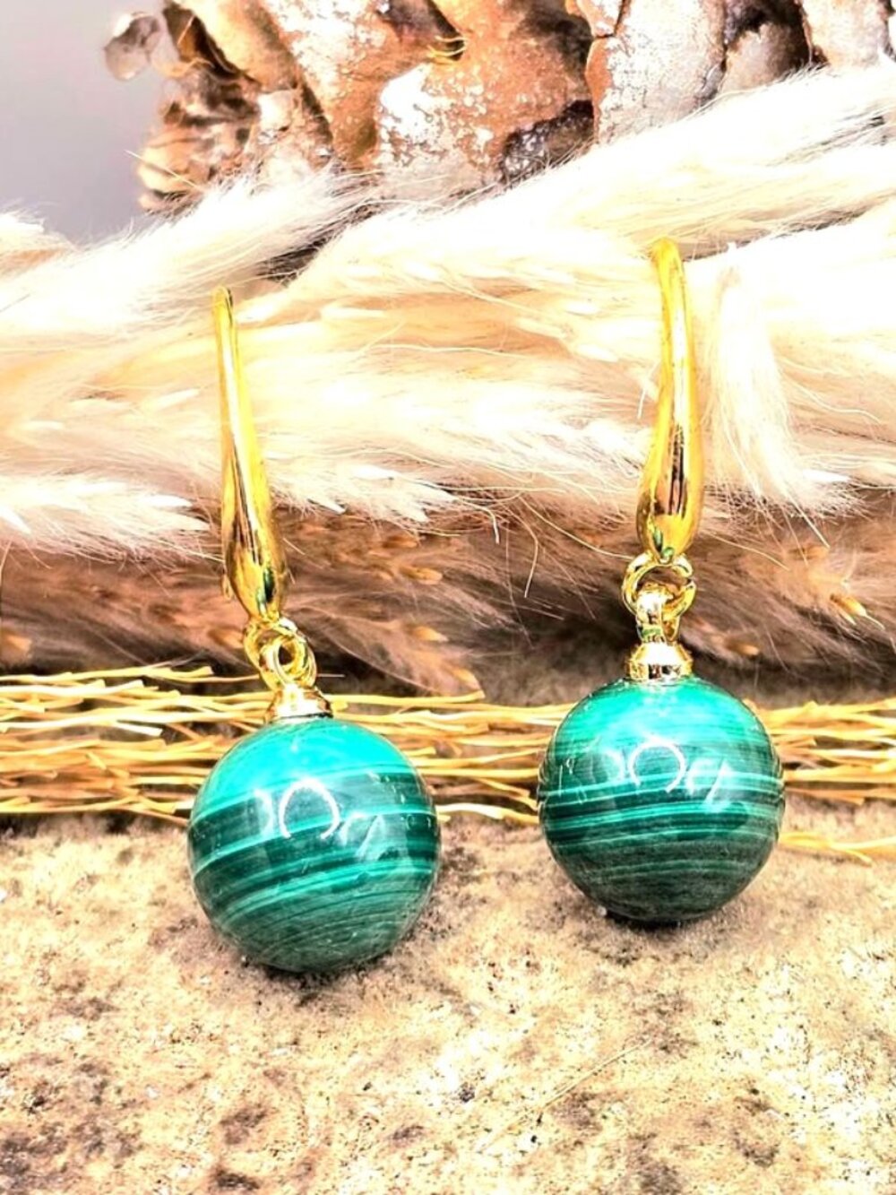 Natural Malachite Round Bead Minimalist Earrings